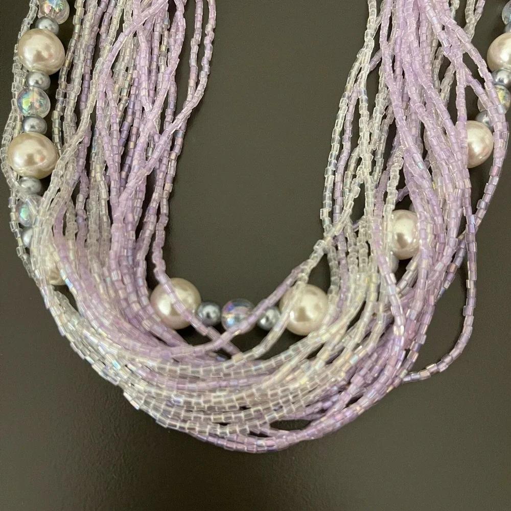 White Faux Pearl Gray Iridescent Seed Lavender Beads Multi-strands Necklace NWOT